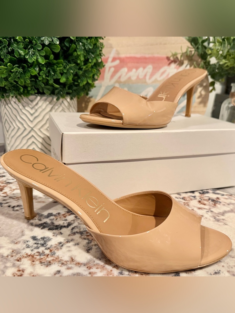 Calvin Klein Luc Patent Nude Mule Heels Size 10
